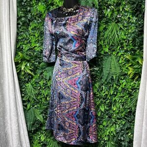 WEEKEND Dress Small‎ Black Paisley Print Midi Pleated Cocktail 3372